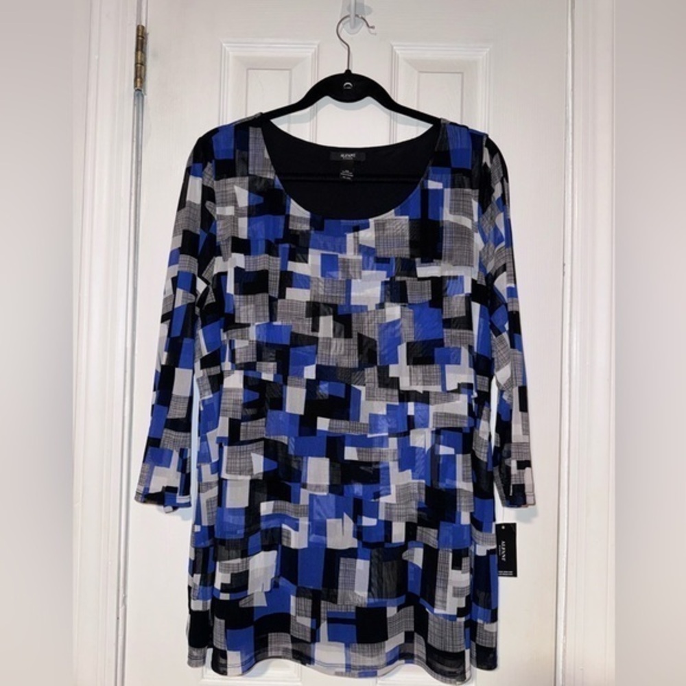 NWT, Alfani Women’s Blouse, Shirt, Top, Sheer‎ Long Sleeves, Size 3X, Blue Black